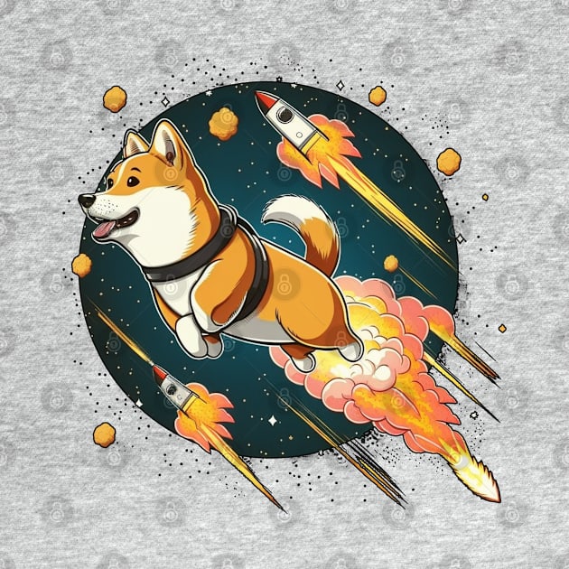 shiba inu flying into space with a rocket by bmron